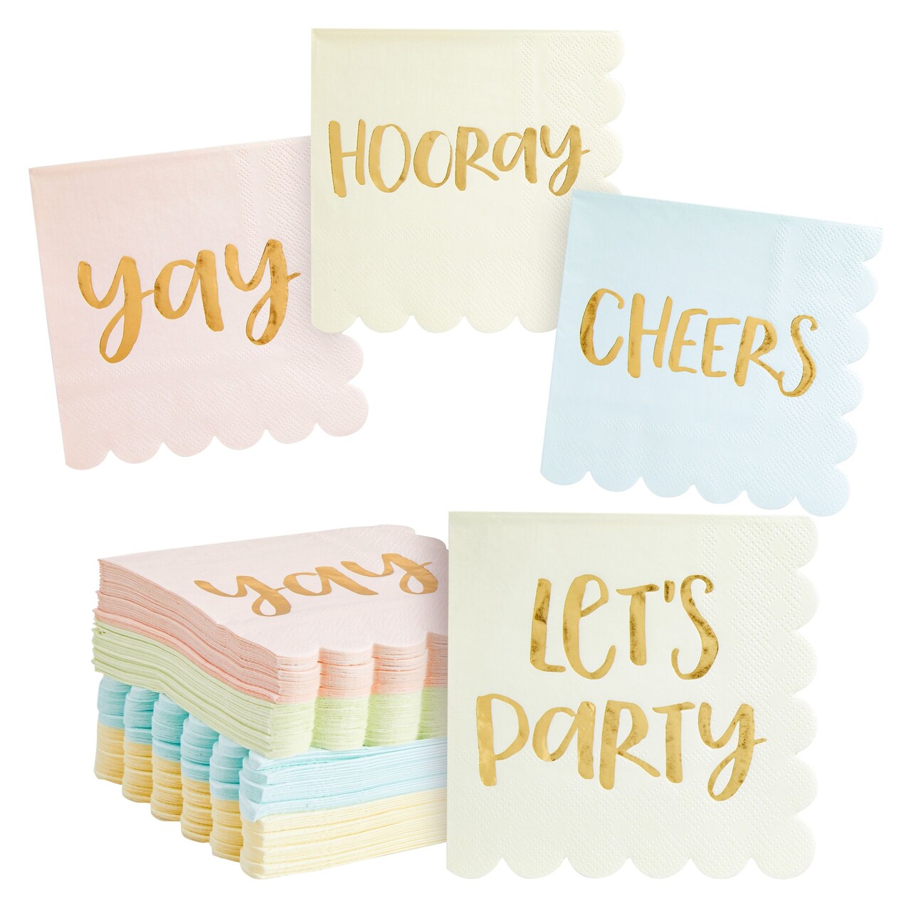 100 Pack Pastel Paper Napkins with Gold Foil Quotes, Birthday Party Decorations, Scalloped Edge (4 Colors, 5x5 In)